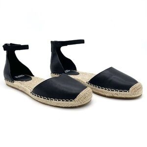 Eileen Fisher Lala Leather Espadrille Flats Black Size 8 Ankle Strap Sandals